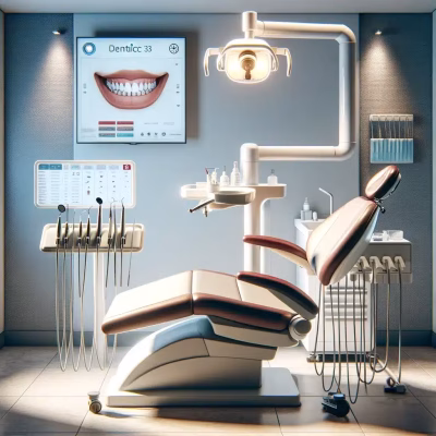 DALL·E 2025-03-18 15.58.05 - A high-quality image of a modern dental examination room. The room features a clean dental chair, an overhead light, a tray of sterilized dental tools