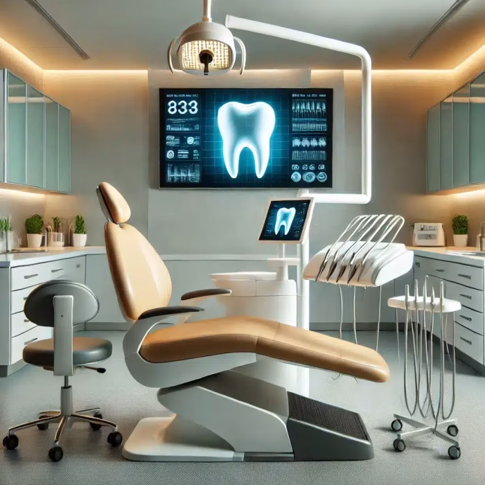 DALL·E 2025-03-18 15.58.08 - A high-quality image of a modern dental clinic featuring advanced equipment. The room has a sleek design with a comfortable dental chair, digital disp